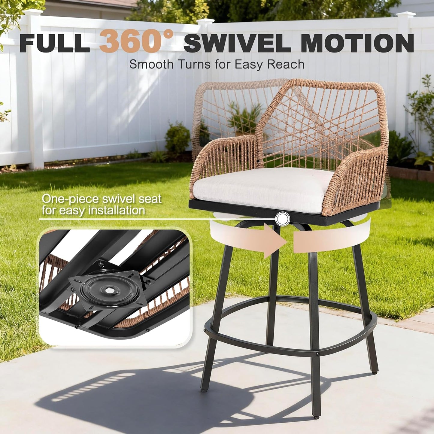 NUU GARDEN 5-Piece Patio Bar Set, All Weather Rattan Swivel Stools, 360 Degree Outdoor Swivel Bar Set for Backyard, Balcony, Garden and Poolside, Black and Beige
