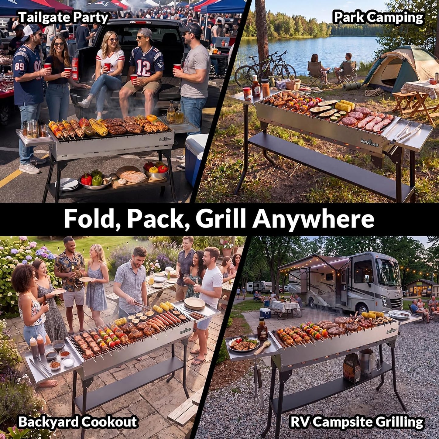Charcoal Grill, Foldable Portable Camping Charcoal Grill, Stainless Steel BBQ Grill with Ceramic Grate, 2-in-1 Side Tables & Pull-Out Ash Pan Outdoor & Backyard Grill for Patio Cooking