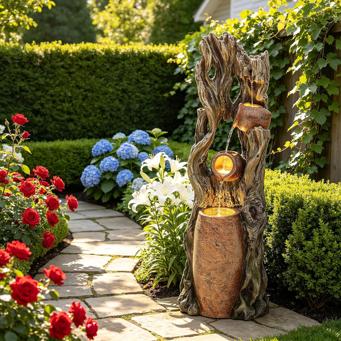 AUTODAYA Tall Outdoor Water Fountain with LED Lights, 42.7" 3-Tier Rainforest Waterfall Tree Trunk and Jar Garden Fountain, Ideal for Serene Relaxing Patio, Yard or Porch
