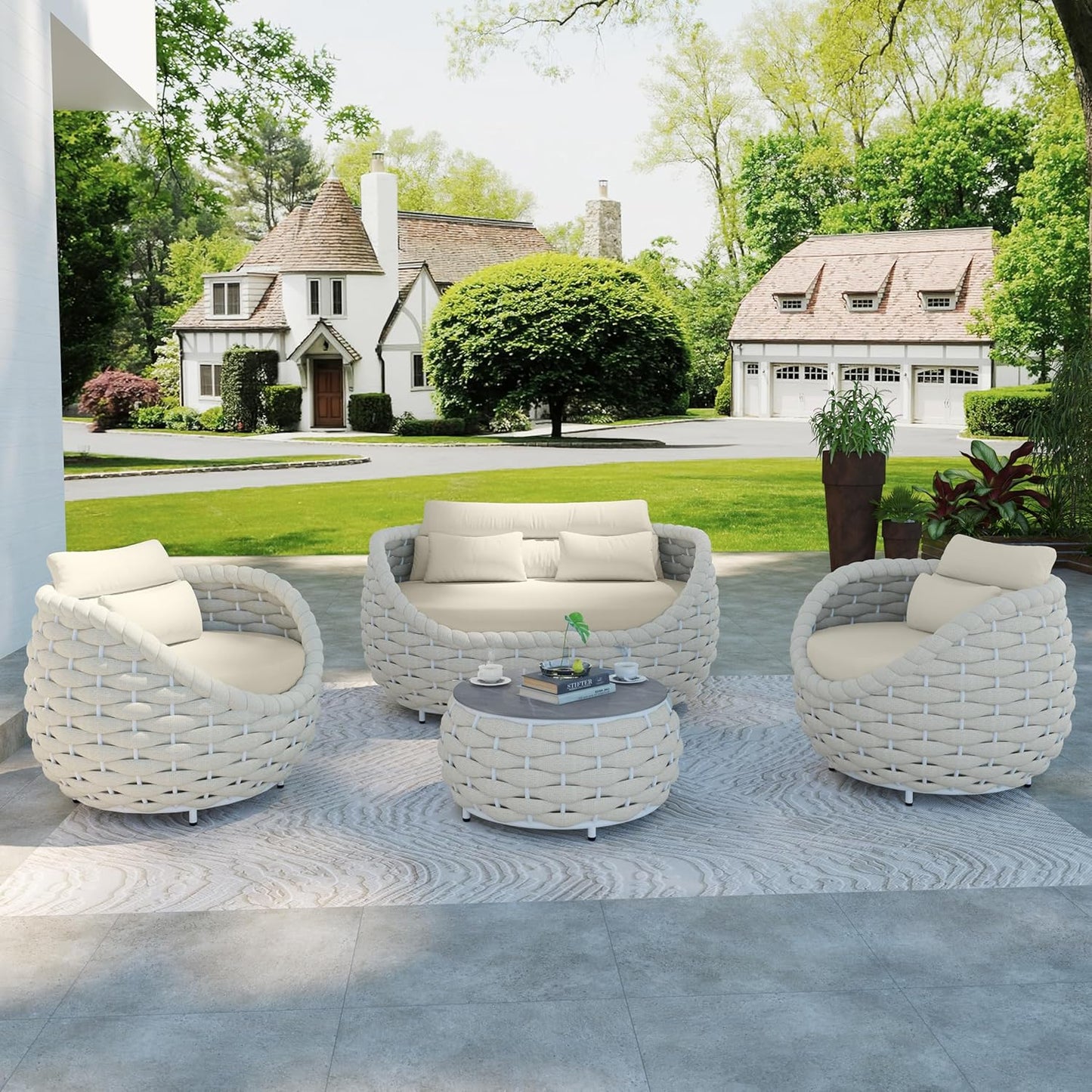 6-Piece Aluminum Patio Furniture Set, Olefin Rope Modern Outdoor Conversation Set Sectional Sofa with Water Repellent Thick Cushions and Coffee Table for Balcony, Garden, Beige