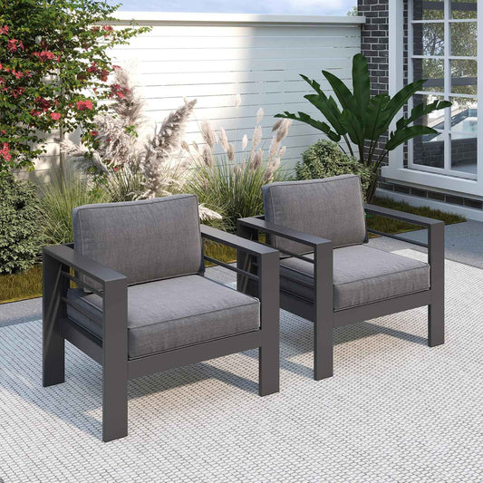 Solaste Patio Furniture Metal Armchair,2 PCS All-Weather Aluminum Garden Outdoor Contemporary Sofa Chair with Cushions, Grey
