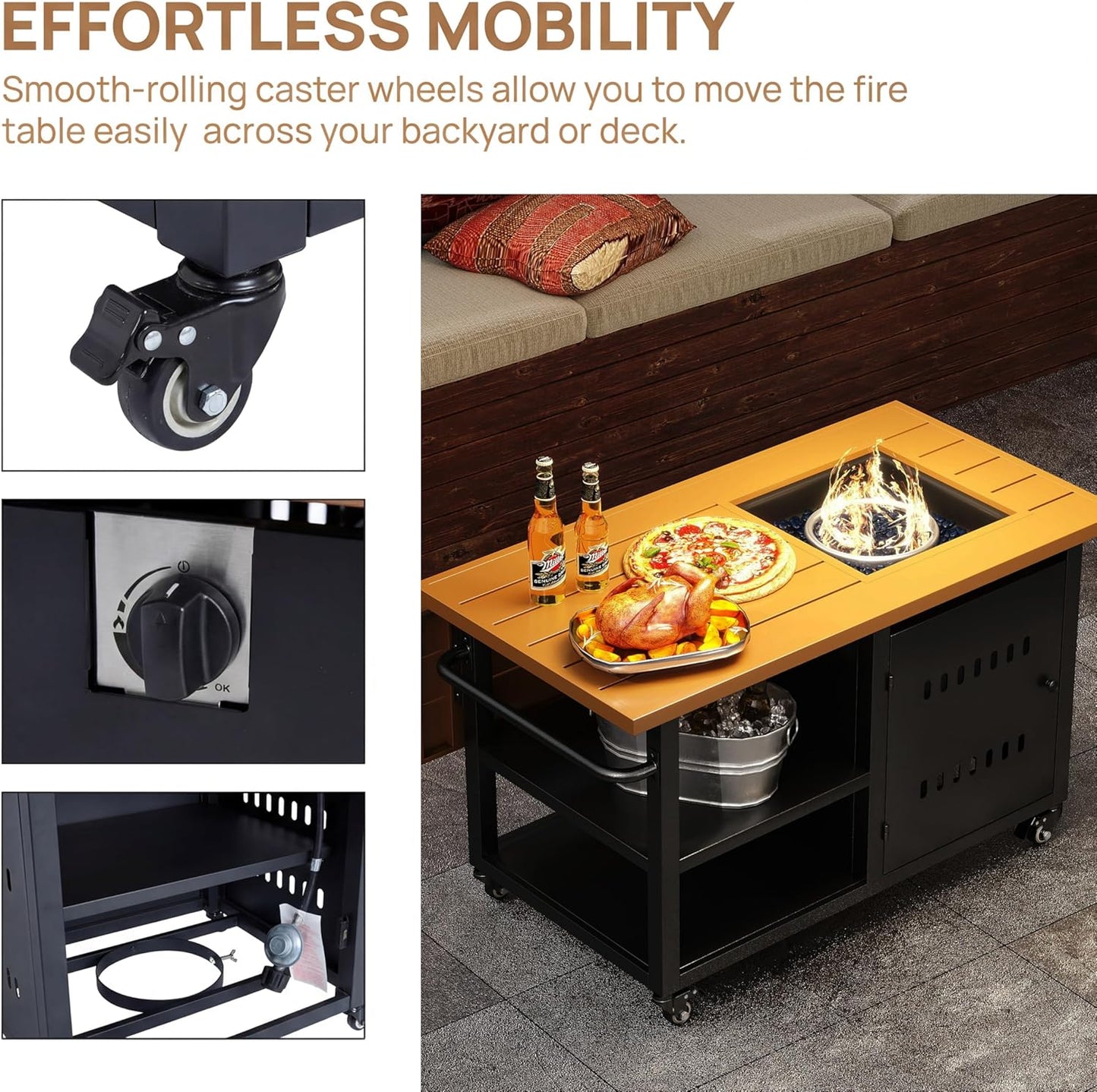 Outdoor Propane Fire Pit Table 44" with Lid & Wheels, Multifunctional Patio Fire Table with Storage Shelf, Steel Gas Firepit Dining Table for Backyard, Garden, Deck, Black