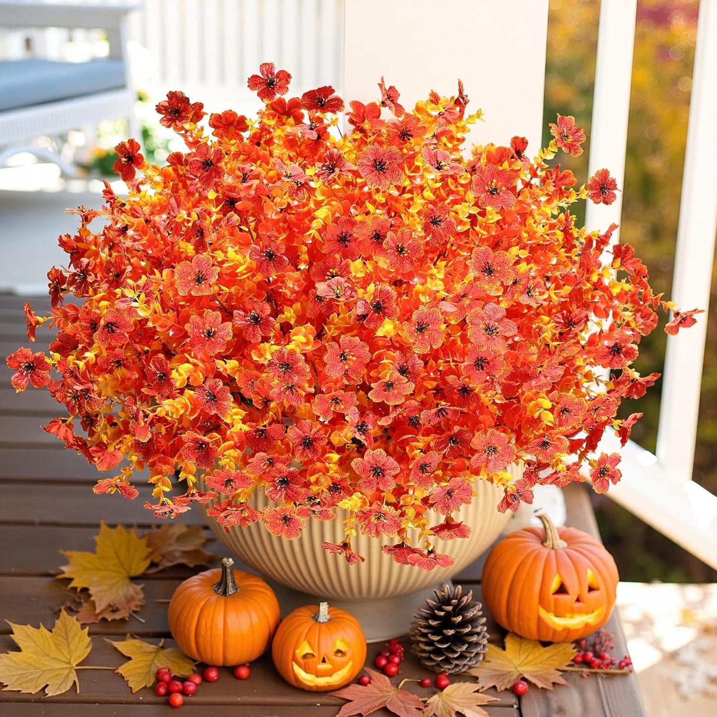 Artificial Fall Flowers Faux Mums for Outdoor Indoor Garden Home Decoration, Faux Flower Daisy with Eucalyptus Leaves Fake Plants Greenery Boxwood Porch Patio, 12 Bundles (Sunset)