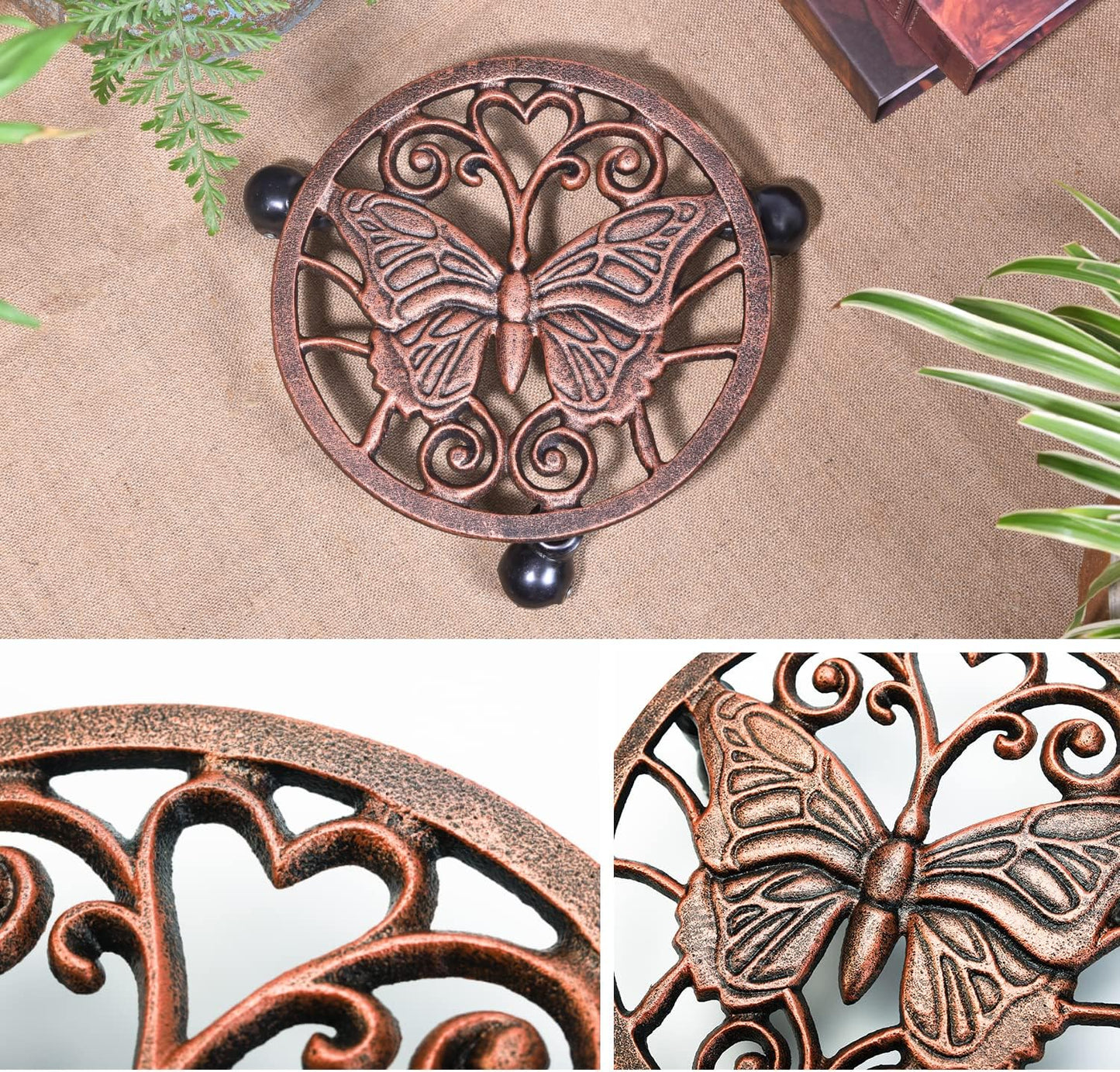Sungmor Heavy Duty Cast Iron Plant Caddy with Wheels - 2 Pack Vintage Butterfly Design Plant Stand, Metal Rolling Plant Tray for Indoor & Outdoor Use - 11 Inch, Antique Bronze