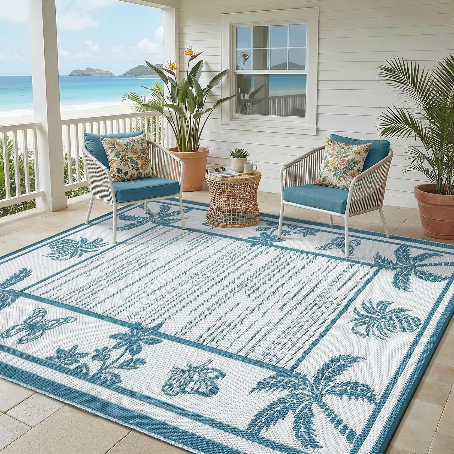 Garvee Outdoor Rug 5x8 Waterproof for Patios, Reversible Plastic Straw Rug, Tropical Leaf Indoor Outdoor Rugs, Large Area Rug for RV, Camping, Deck, Picnic Mat, Outside Carpet, Blue & White
