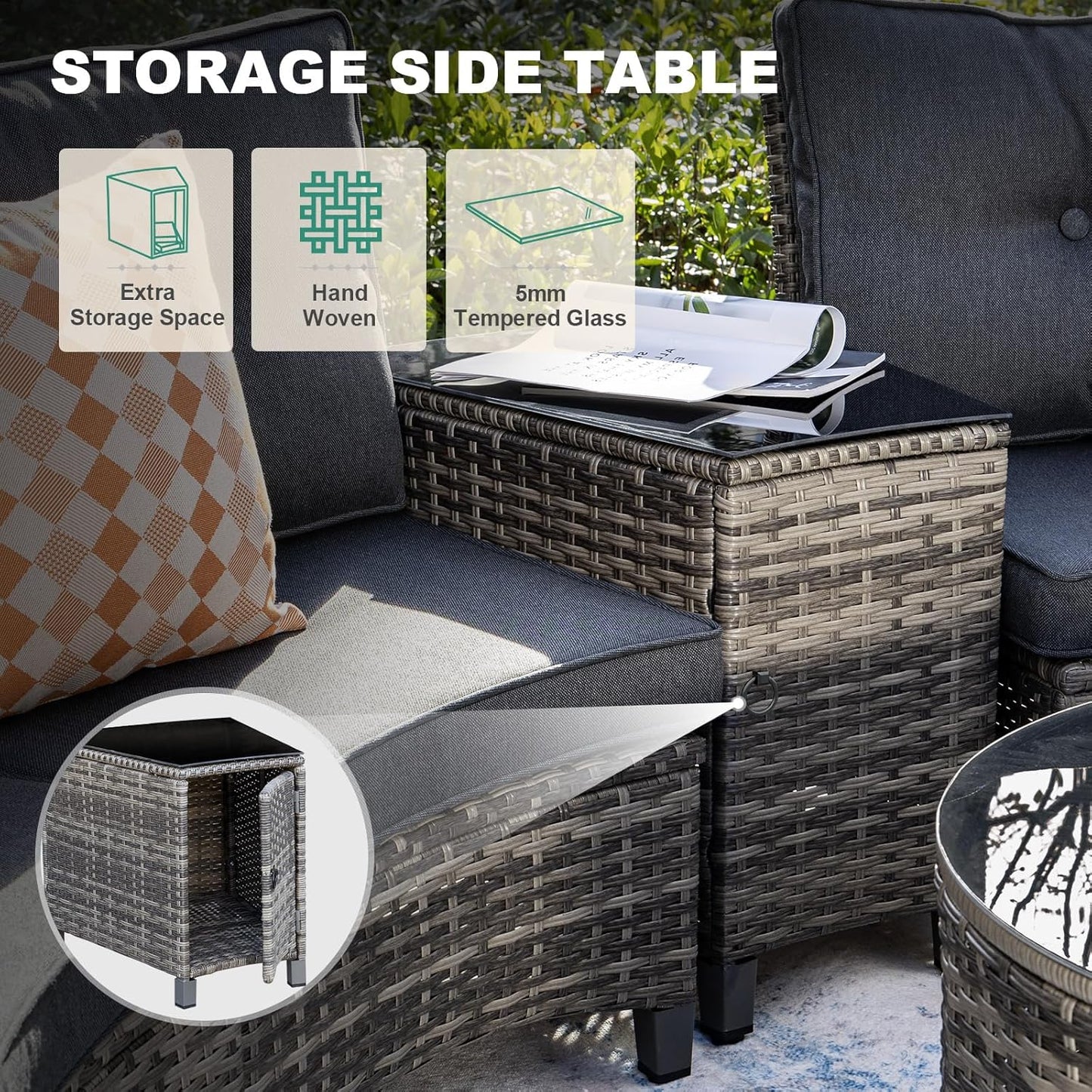 11 Piece Outdoor Patio Furniture Set, Half-Moon Curved Sectional Sofa Rattan Conversation Set with Wood Armrests, Coffee Table & 2 Side Table（Grey）