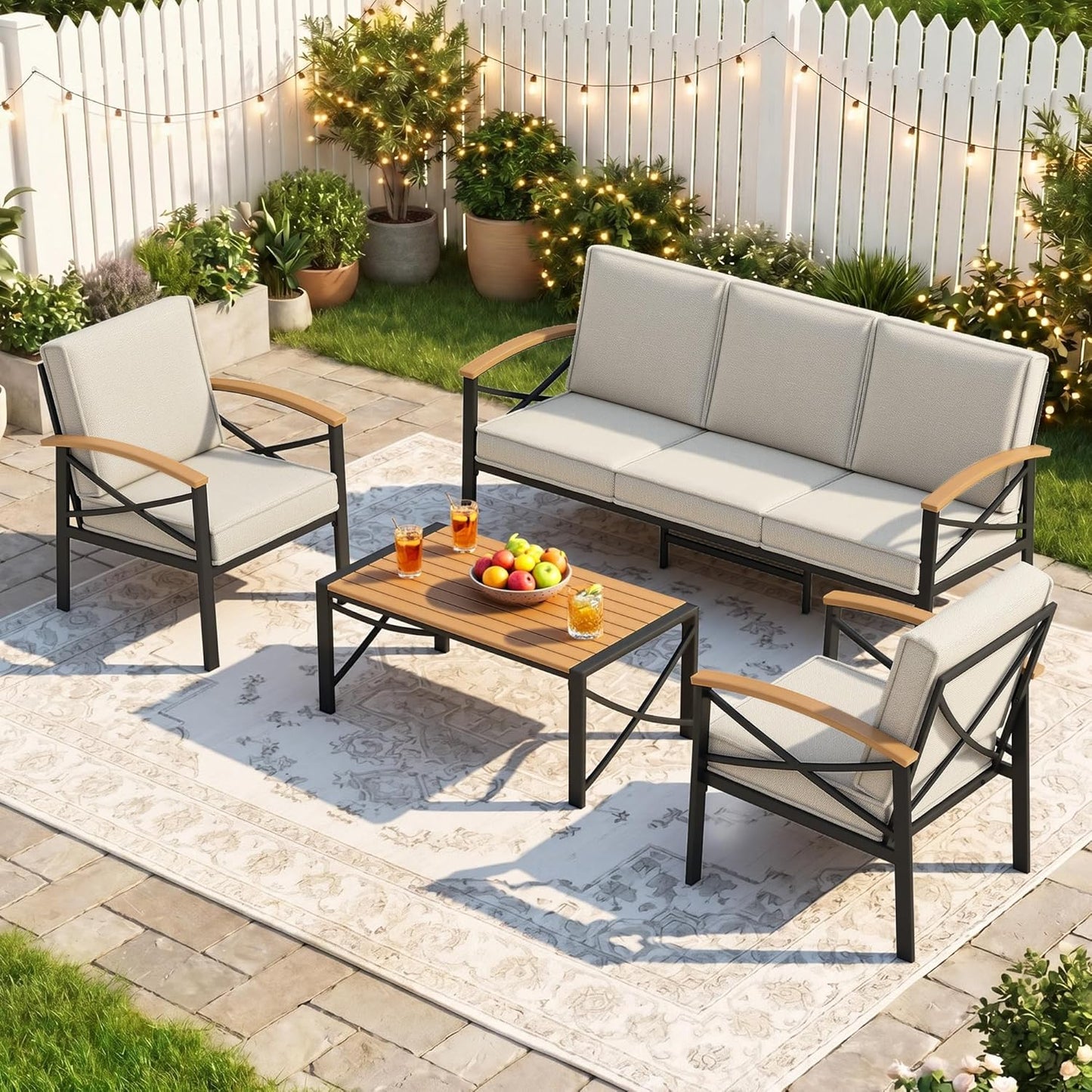 4-Piece Outdoor Patio Furniture Set for All-Weather, Heavy-Duty Metal Outside Furniture with Washable Thick Cushions, Patio Sectional with Coffee Table for Patio, Deck, Backyard, Garden, Beige