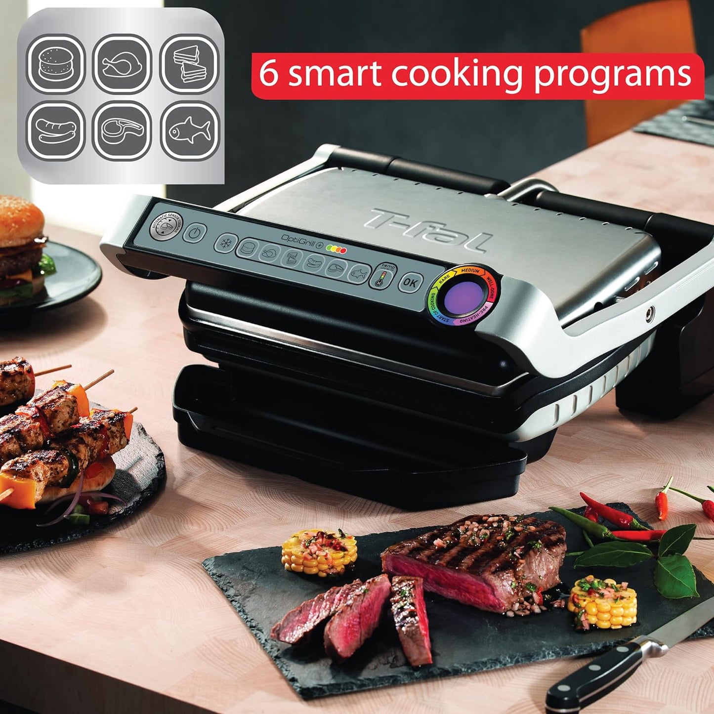 T-Fal OptiGrill Stainless Steel Electric Grill 4 Servings 6 Automatic Cooking Modes, Intelligent grilling rare to well-done 1800 Watts Nonstick Removable Plates, Dishwasher Safe, Indoor, Silver