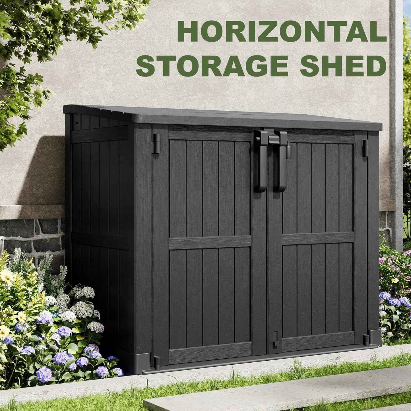 36 Cu Ft Resin Outdoor Storage Shed, Weatherproof Horizontal Outdoor Storage Cabinet with Dual Lock Door for Backyard, Patio, Garage, Garden(Black)