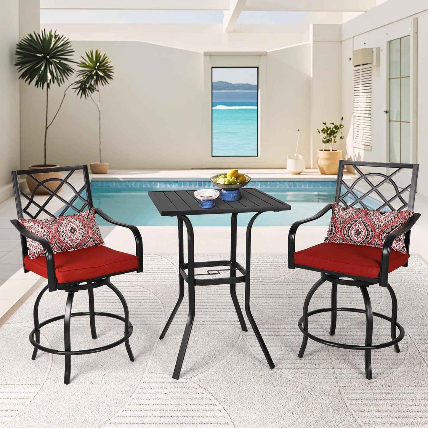 Incbruce Patio High Bar Table, 39" Height Bistro Table with 1.57'' Umbrella Hole, Square Outdoor High Top Table Metal Steel Frame and Slat Design (Slatted Tables Top), Black