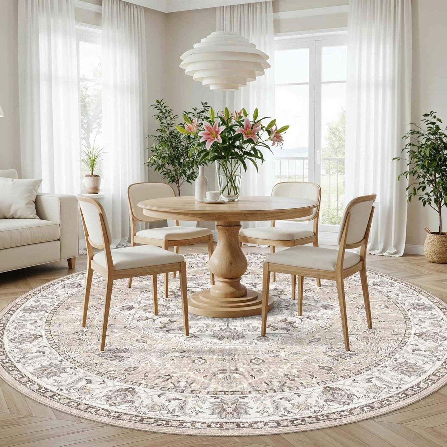 Washable 8ft Round Area Rug - Living Room Oriental Non Slip Soft Rugs Indoor Low Pile Stain Resistant Carpet for Bedroom Dining Room Farmhouse Distressed Thin Home Decor Floor Mat(8Round,Beige)