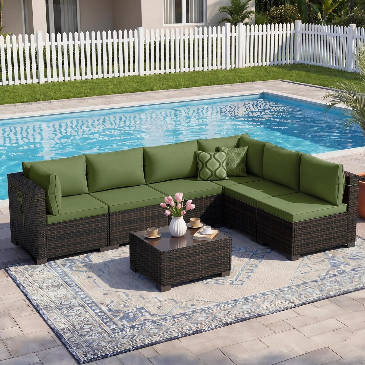 LEVELEVE 7-Piece Outdoor Patio Furniture Sets, Manual Weaving Rattan Conversation Sectional Sofa with Tempered Glass Coffee Table, All-Weather PE Wicker & Thick Cushions for Garden, Backyard, Porch
