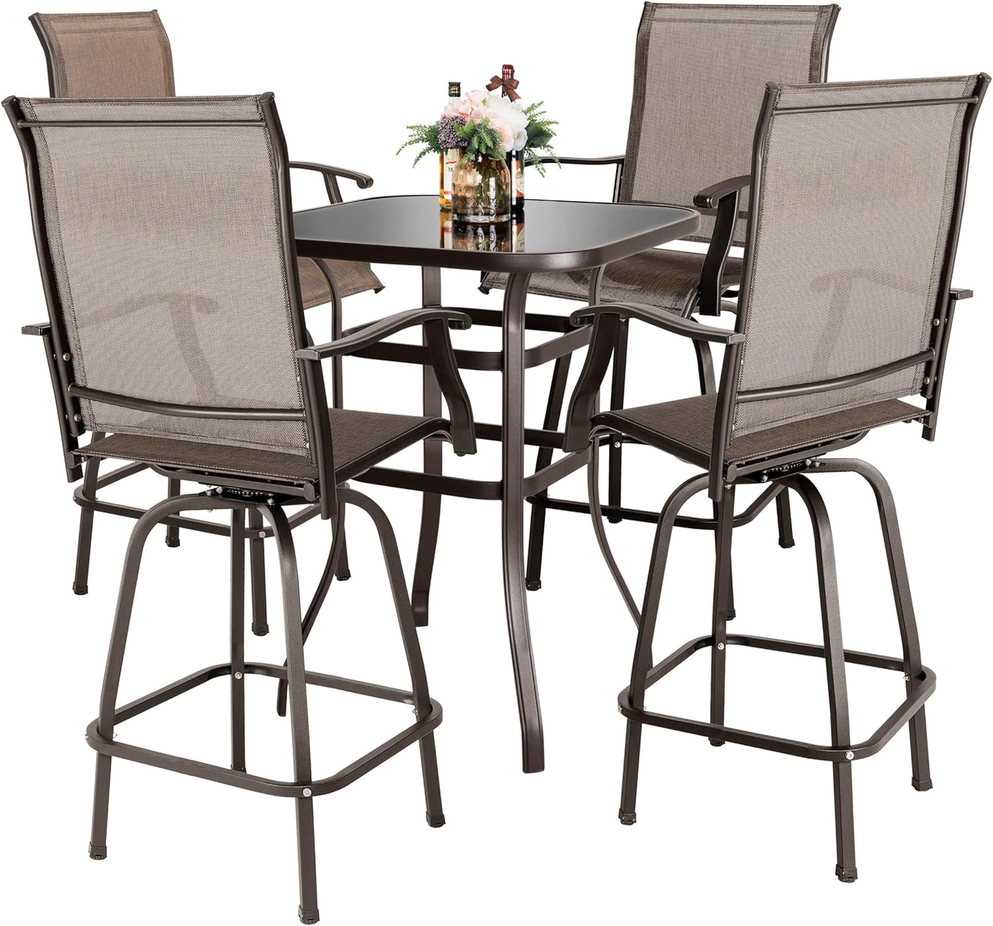 NUU GARDEN 5 Piece Patio Bar Set with Square Silk Screen Bar Height Glass Table and 4 Counter Textilene Height Swivel Chairs for Patio, Yard, Outdoor, Black&Brown