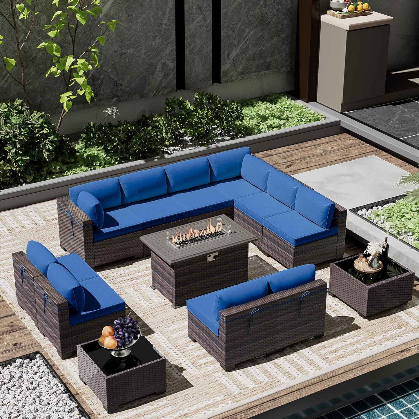 Outdoor Patio Furniture Set with Gas Fire Pit Table, 13 Pieces Outdoor Furniture Set Patio Sectional Sofa w/43in 55000 BTU Propane Fire Pit, PE Wicker Rattan Patio Conversation Sets - Dark Blue