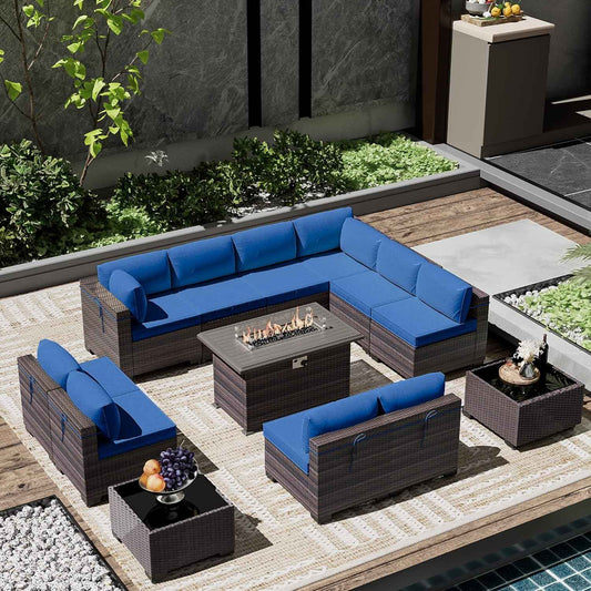 Outdoor Patio Furniture Set with Gas Fire Pit Table, 13 Pieces Outdoor Furniture Set Patio Sectional Sofa w/43in 55000 BTU Propane Fire Pit, PE Wicker Rattan Patio Conversation Sets - Dark Blue