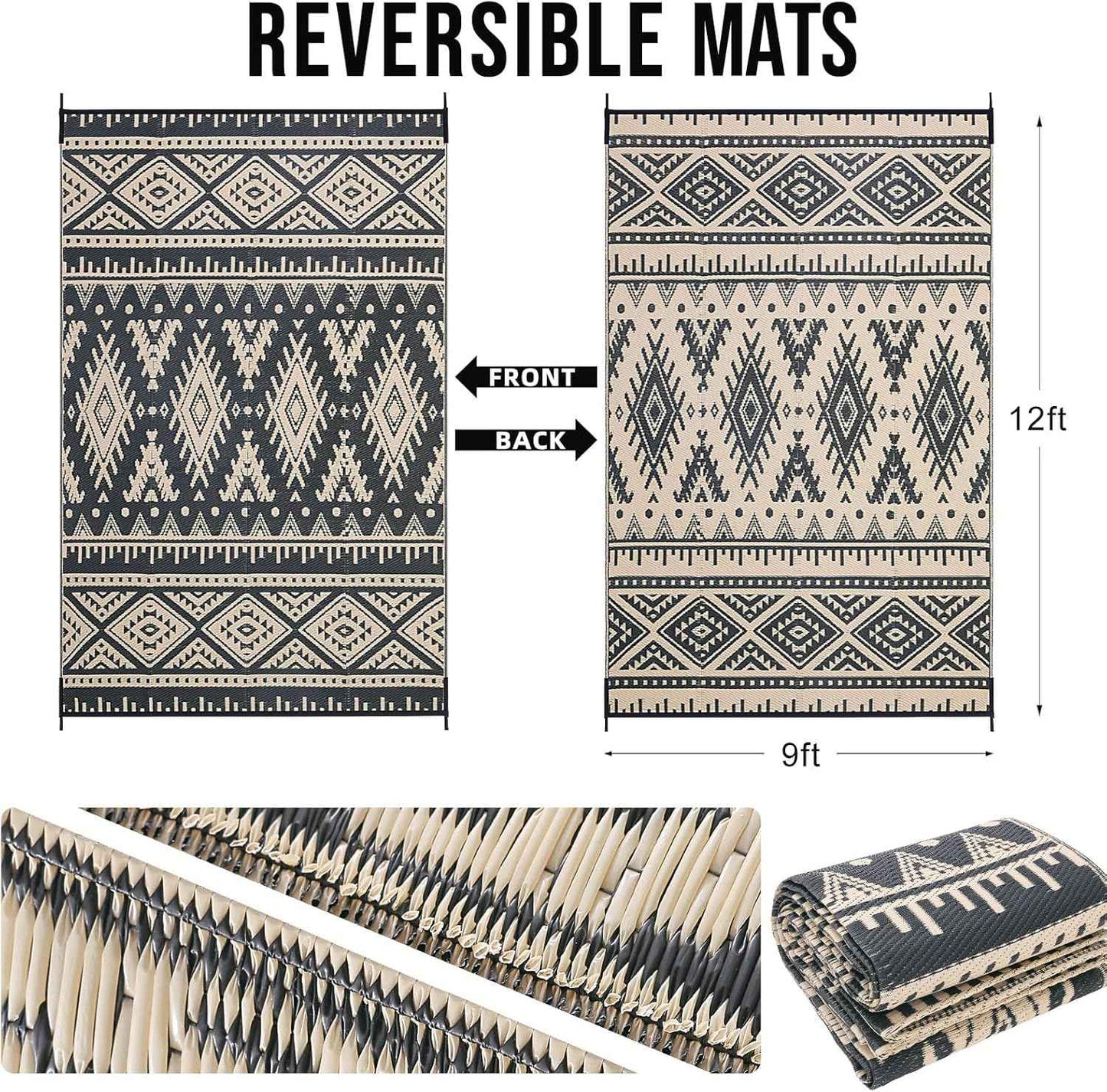 OLANLY Outdoor Rug Waterproof 9x12 ft, Reversible Outdoor Plastic Straw Rug, Boho Patio Rug, Indoor Outdoor Carpet, RV Mat Outside for Patio, Camp, Picnic, Balcony, Deck, Backyard, Black & Beige