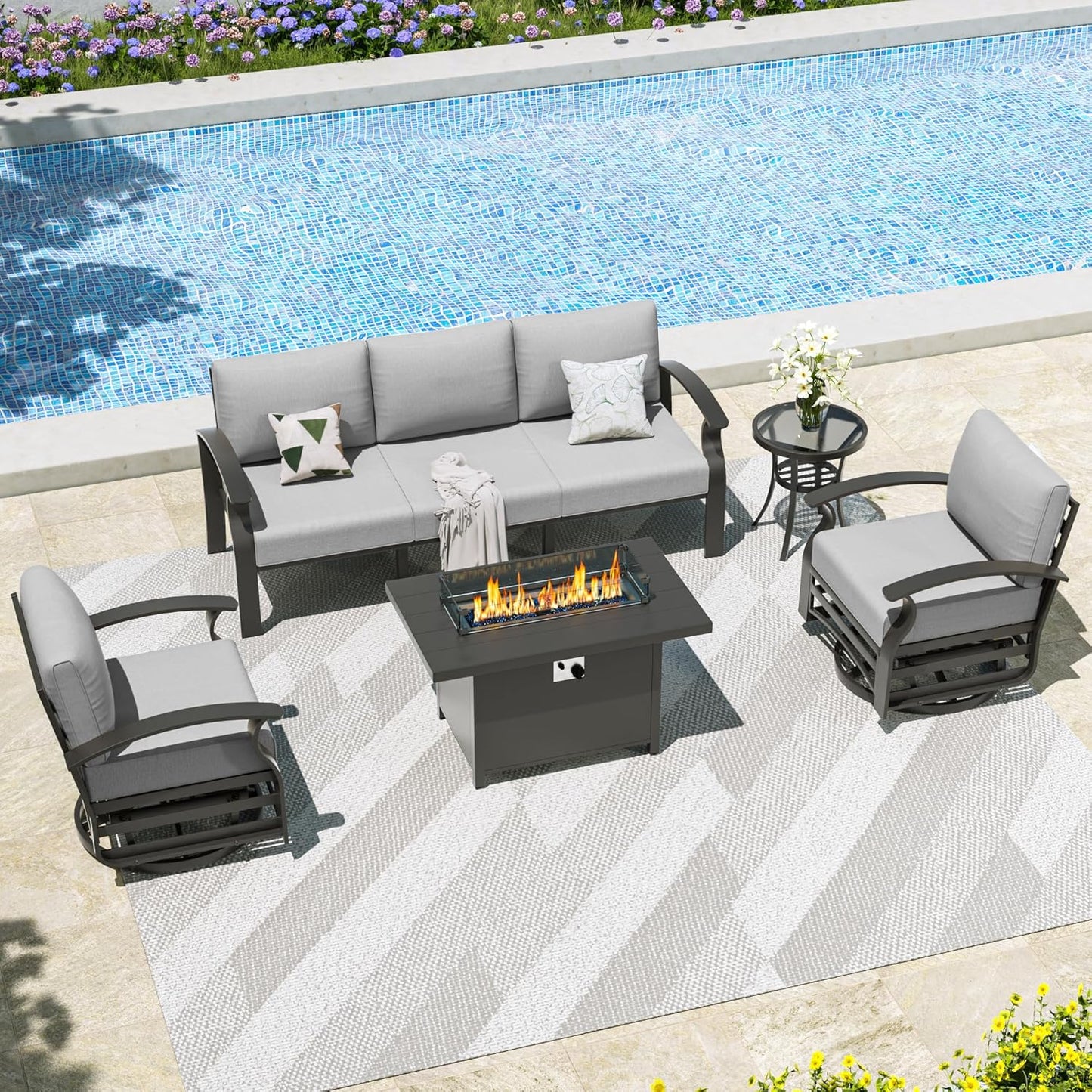 Kullavik Aluminum Patio Furniture Set,5 Piece Modern Metal Outdoor Patio Furniture w/5.1'' Thick Cushion,Swivel Chairs and 45" Propane Fire Pit Table,Patio Conversation Sets for Porch,Deck,Grey