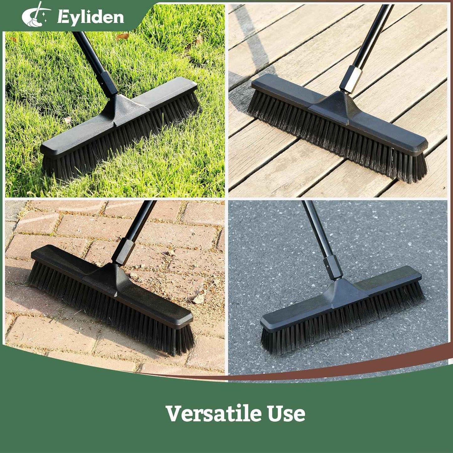 Eyliden 18" Push Broom for Deck Driveway Patio Garage | Heavy-Duty Stiff Bristles with 66" Adjustable Handle | Black