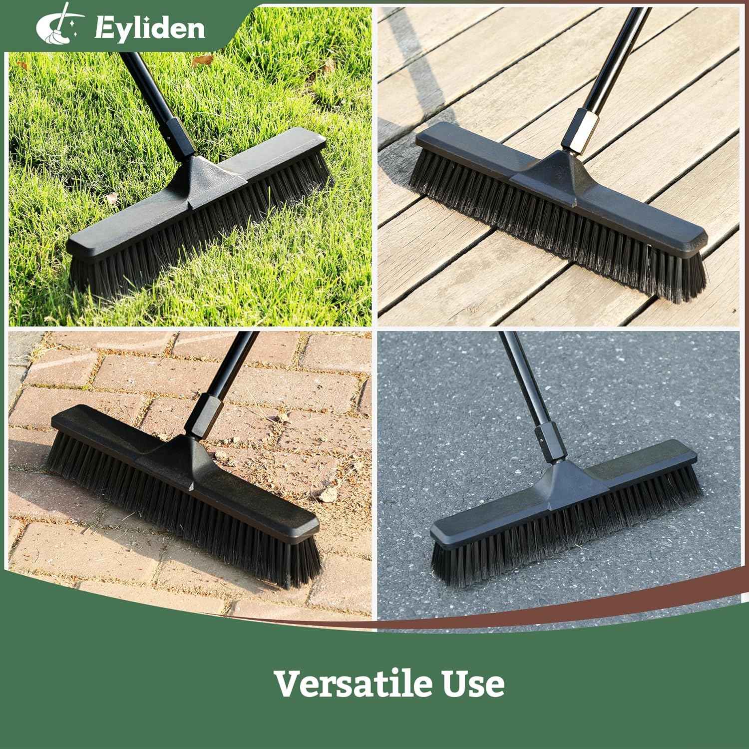 Eyliden 18" Push Broom for Deck Driveway Patio Garage | Heavy-Duty Stiff Bristles with 66" Adjustable Handle | Black