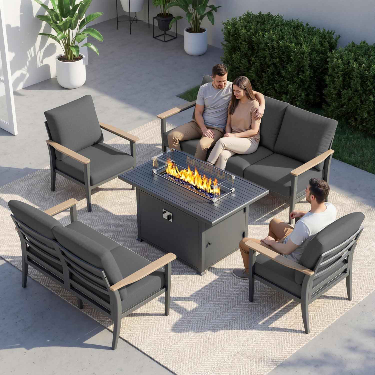 Aluminum Outdoor Patio Furniture Set, 5-Piece Sectional Sofa with 5.1" Thick Cushions, 55,000 BTU Propane Fire Pit Table, Outdoor Couch for Backyard, Deck, Black