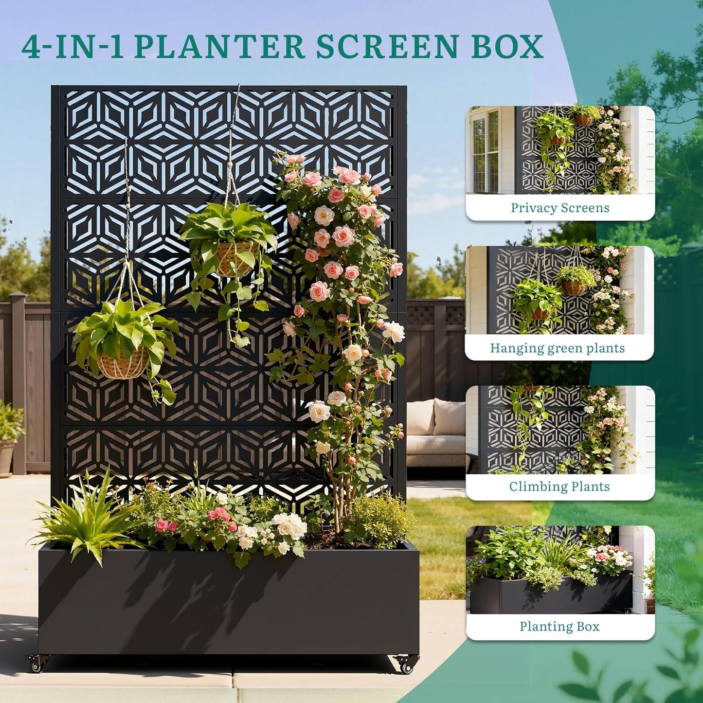 Metal Planter Box with Trellis, Galvanized Steel Raised Garden Bed with Privacy Screen, Lockable Casters, 73"x47"x16" Planter with Drainage Holes for Outdoor Climbing Plants, Vegetables, Patio