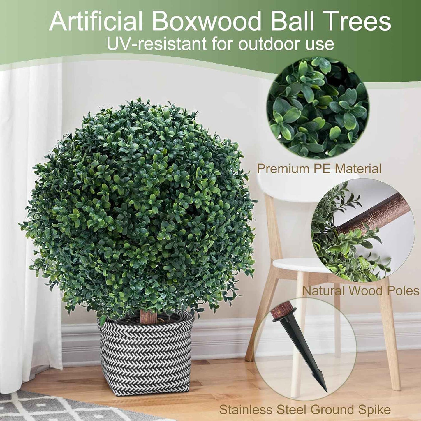 27.5" Artificial Boxwood Topiary Ball Tree with Ground Spike, Set of 2 Artificial Cedar Bushes, UV Resistant Faux Boxwoods Outdoor Plants Artificial for Porch Garden Front Porch Decor