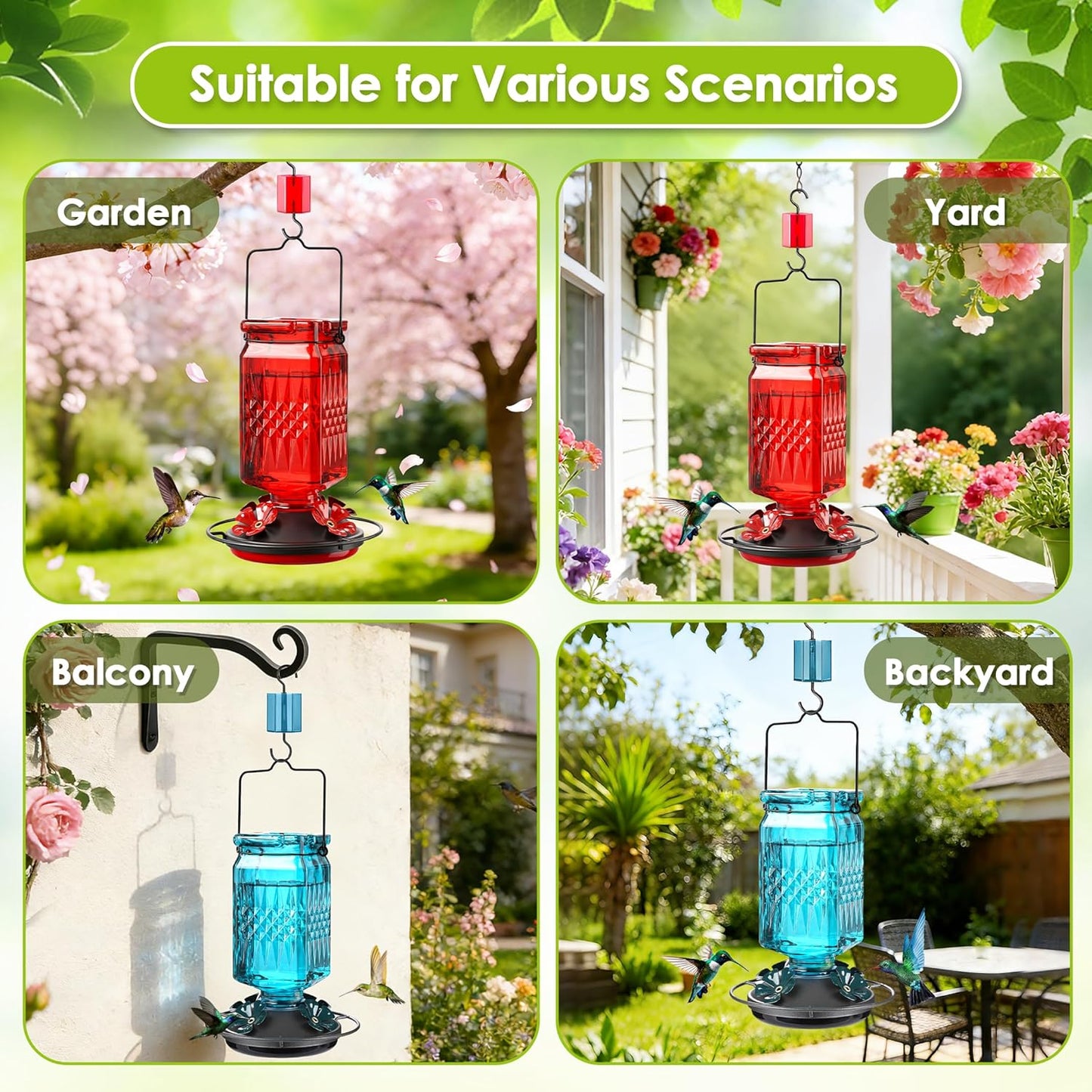Tegarbed Glass Hummingbird Feeder 20oz – Bee Guard, Ant Moat, Leak-Proof (2 Pack)