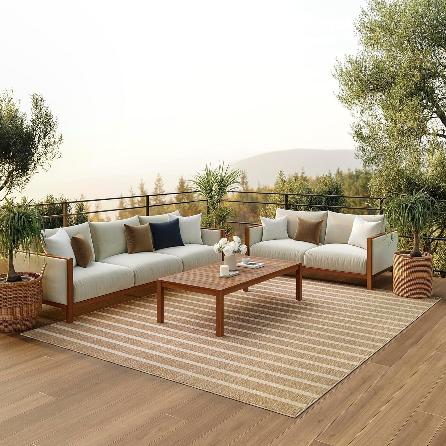 Nourison Home Positano Indoor/Outdoor Beige Ivory 7' x 10' Area Rug, Easy Cleaning, Non Shedding, Bed Room, Living Room, Dining Room, Deck, Backyard, Patio (7x10)