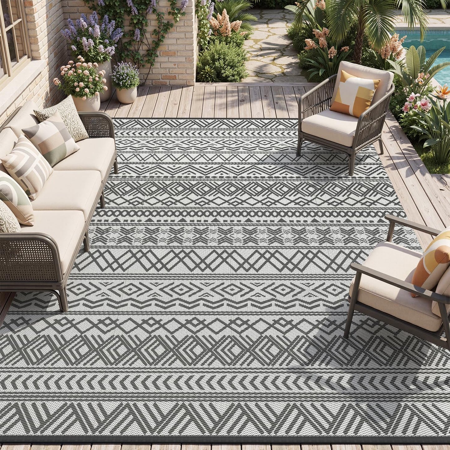 MontVoo-Outdoor Rug Waterproof 6x9 ft Outdoor Carpet Patio Rug Mat Reversible RV Camping Rug-Plastic Straw Rug Outside Outdoor Area Rug for Patio Deck Balcony Backyard Picnic Beach -Boho Grey