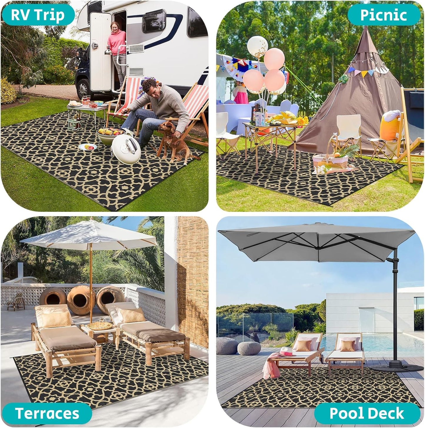 HEBE Outdoor Rug Waterproof 6x9, Reversible Plastic Straw Rug RV Camping Rug, Indoor Outdoor Patio Mat Clearance, Outside Carpet for Porch,Deck,Camper,Balcony,Backyard,Picnic
