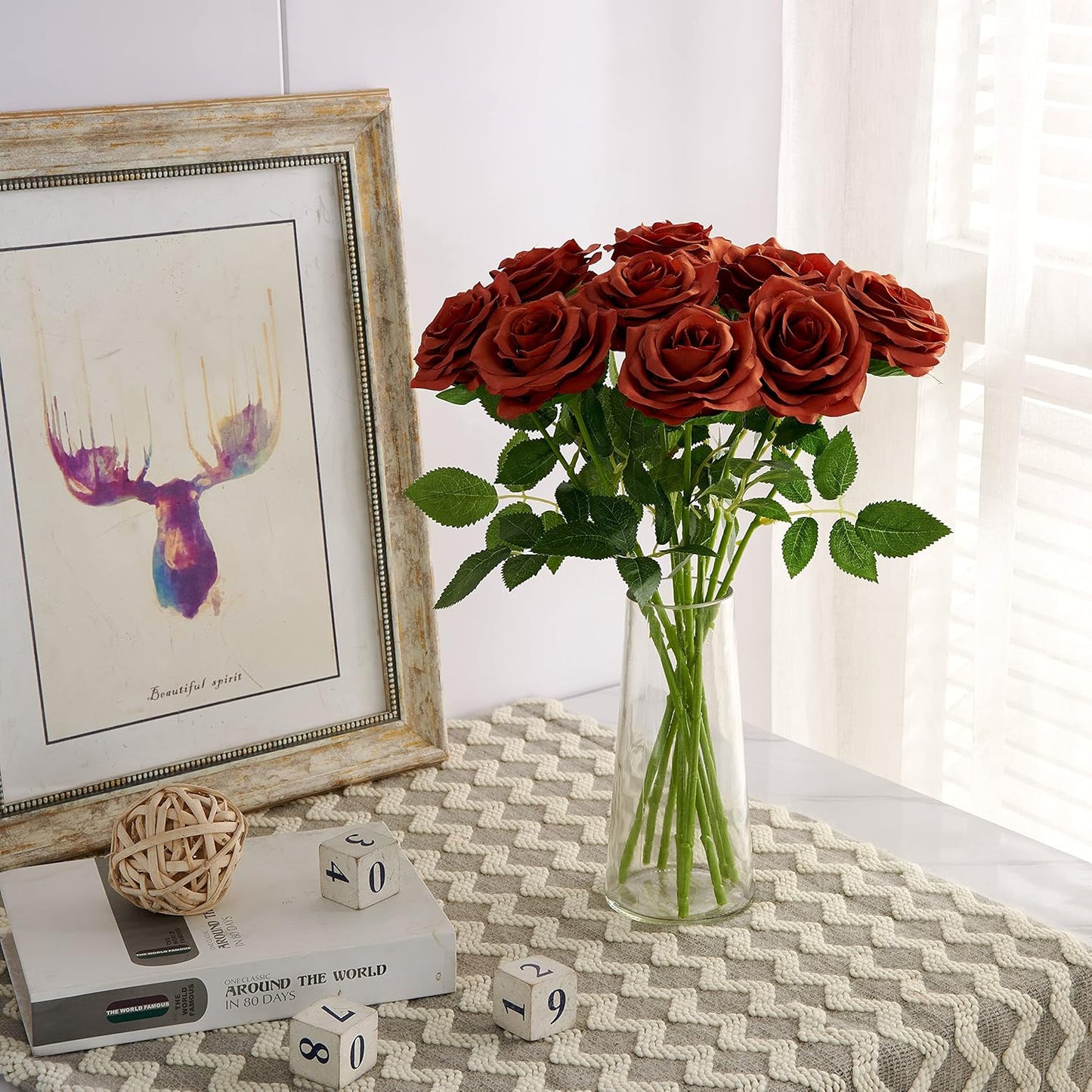 Artificial Rose 10pcs Open Flower Bouquet Faux Rose Stems for Wedding Arrangement, Bridal Bouquet, Centerpiece, Fake Faux Silk Flowers (Burnt Orange)