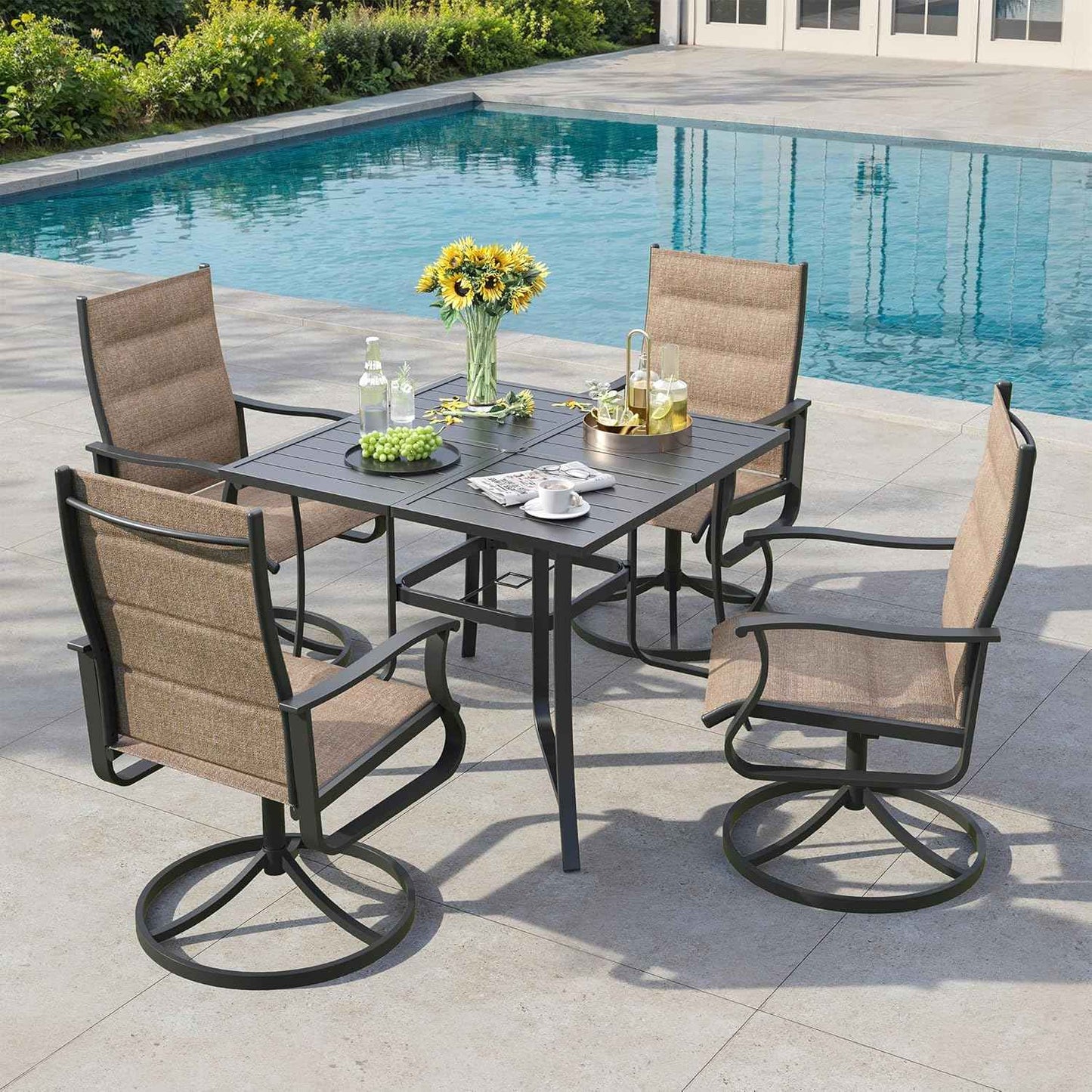 5 Pieces Patio Dining Set, Padded Patio Outdoor Furniture Set of 4 Patio Swivel Dining Chairs and 36" Patio Spliced Square Tabletop with Umbrella Hole, for Deck, Backyard, Poolside & Garden