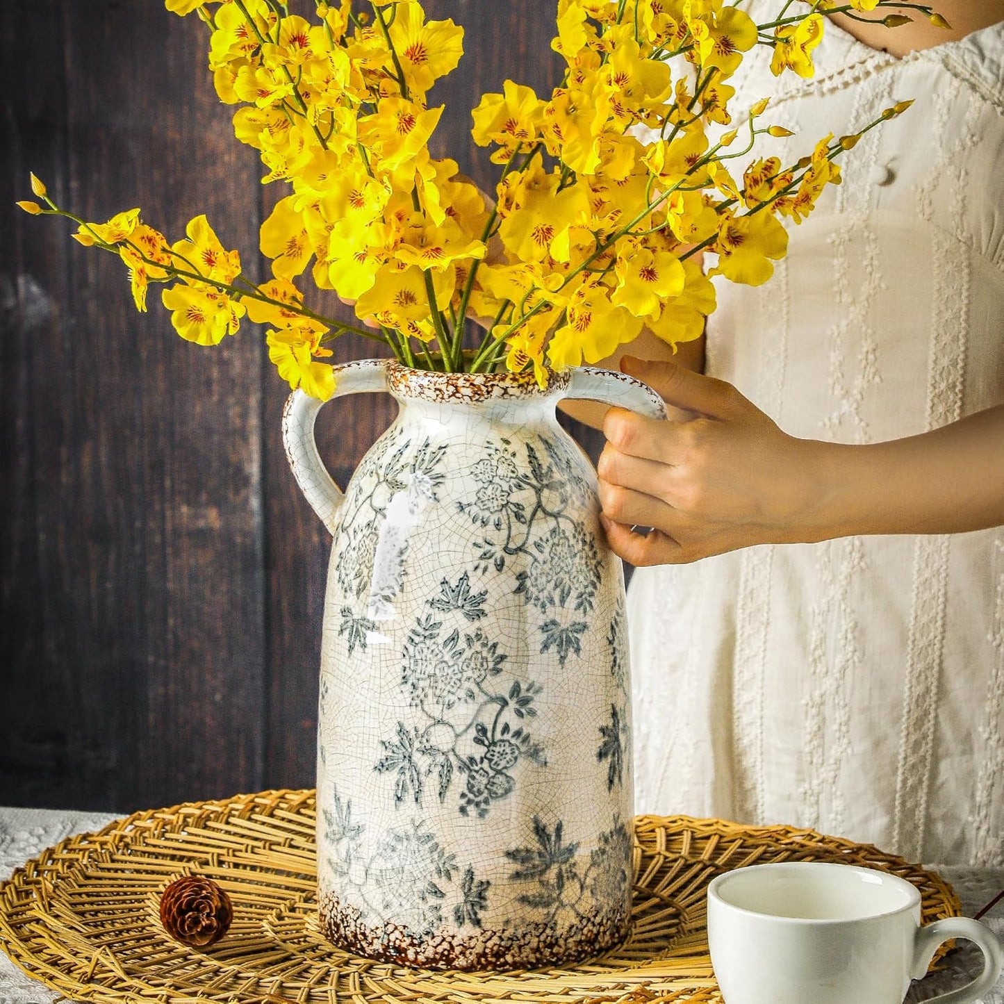 Enra Tall Vintage Blue and White Ceramic Vase with Handle, 11.2 Inch Chinoiserie Decorative Floral Vase, Large Rustic Ceramic Vase for Living Room, Office, Bookshelf, Home Decor