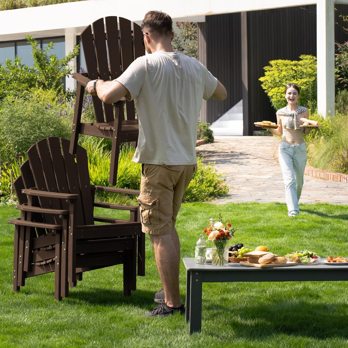 Stackable Adirondack Chair Set of 4, HDPE Outdoor Patio Chair - Durable and Space Saving, Suitable for Porches, Lawns or Garden, Coffee