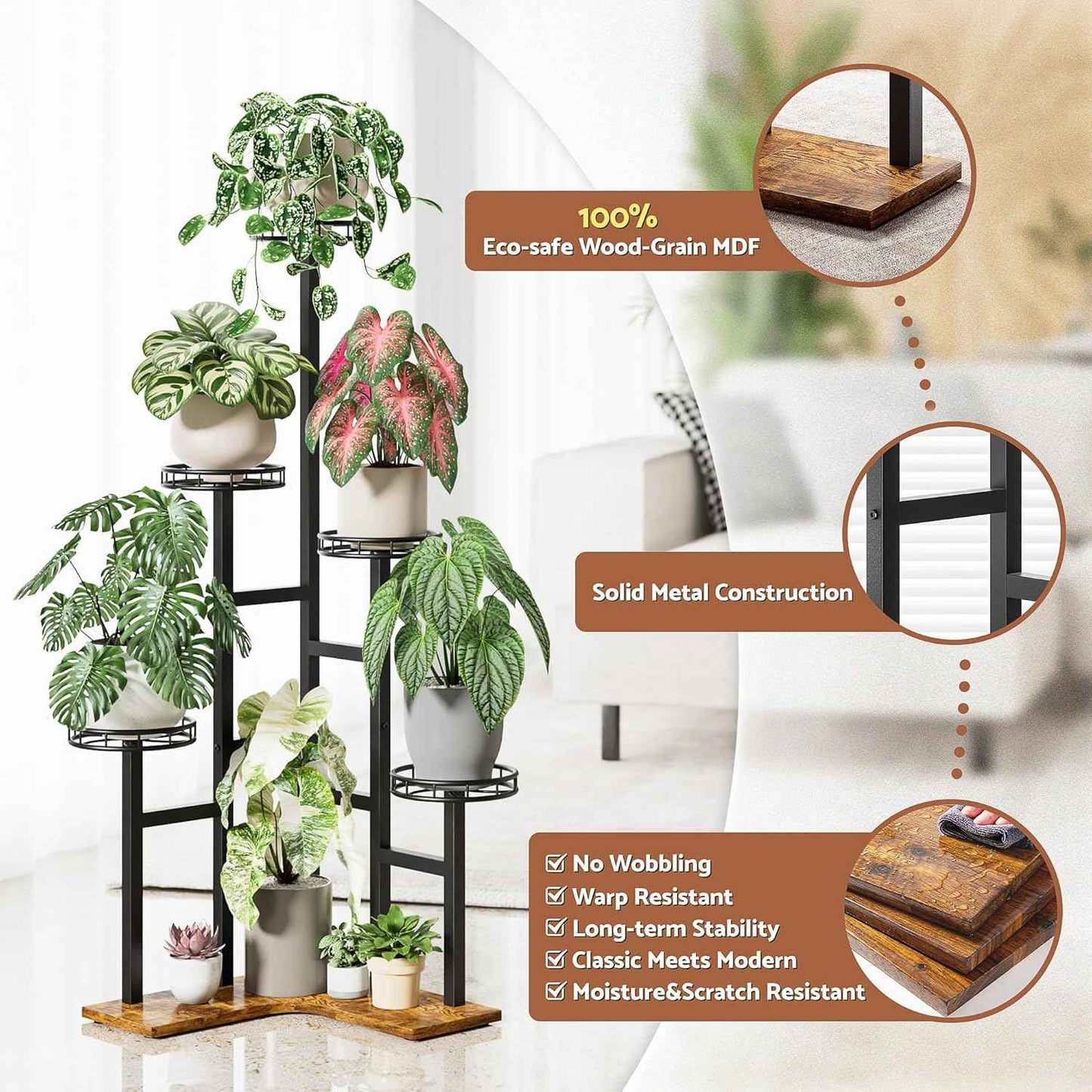 Tall Plant Stand Indoor Outdoor, 6 Tier Corner Tall Metal Wood Shelf Display Rack, Multi-tier Planter Pot Holder Flower Stand for Garden Balcony Living Room Bedroom