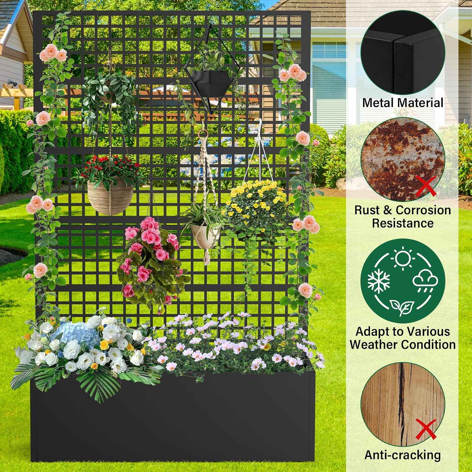 Metal Planter Box with Trellis 47" L x 16" W x 72" H, Raised Garden Bed with Privacy Screen, Privacy Planters for Climbing Plants, Flowers, Vegetables, Fruits
