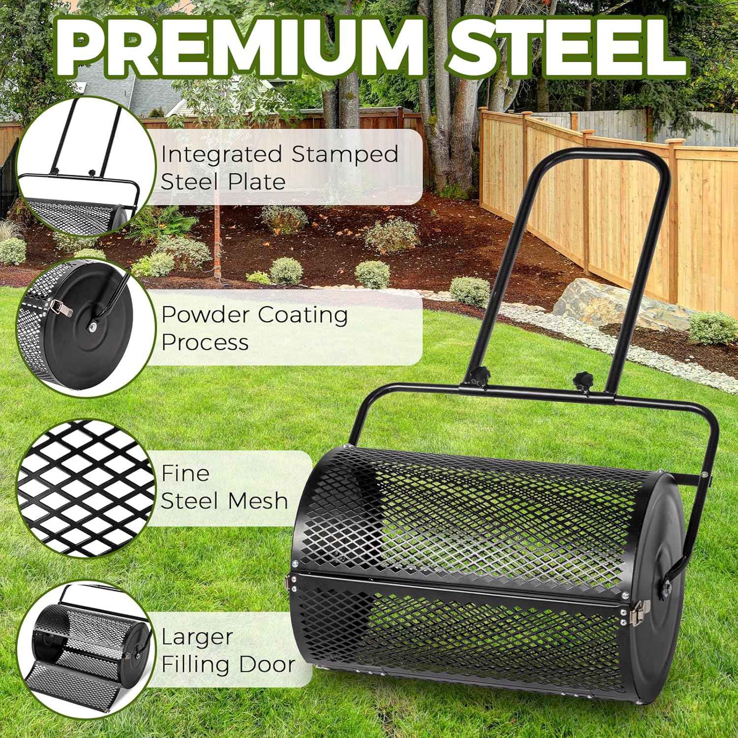 Outvita Compost Spreader, 24" Wide Lawn and Garden Peat Moss Roller with Side Latches, Powder Coated Steel Mesh Basket for Spreading Manure Mulch Topsoil