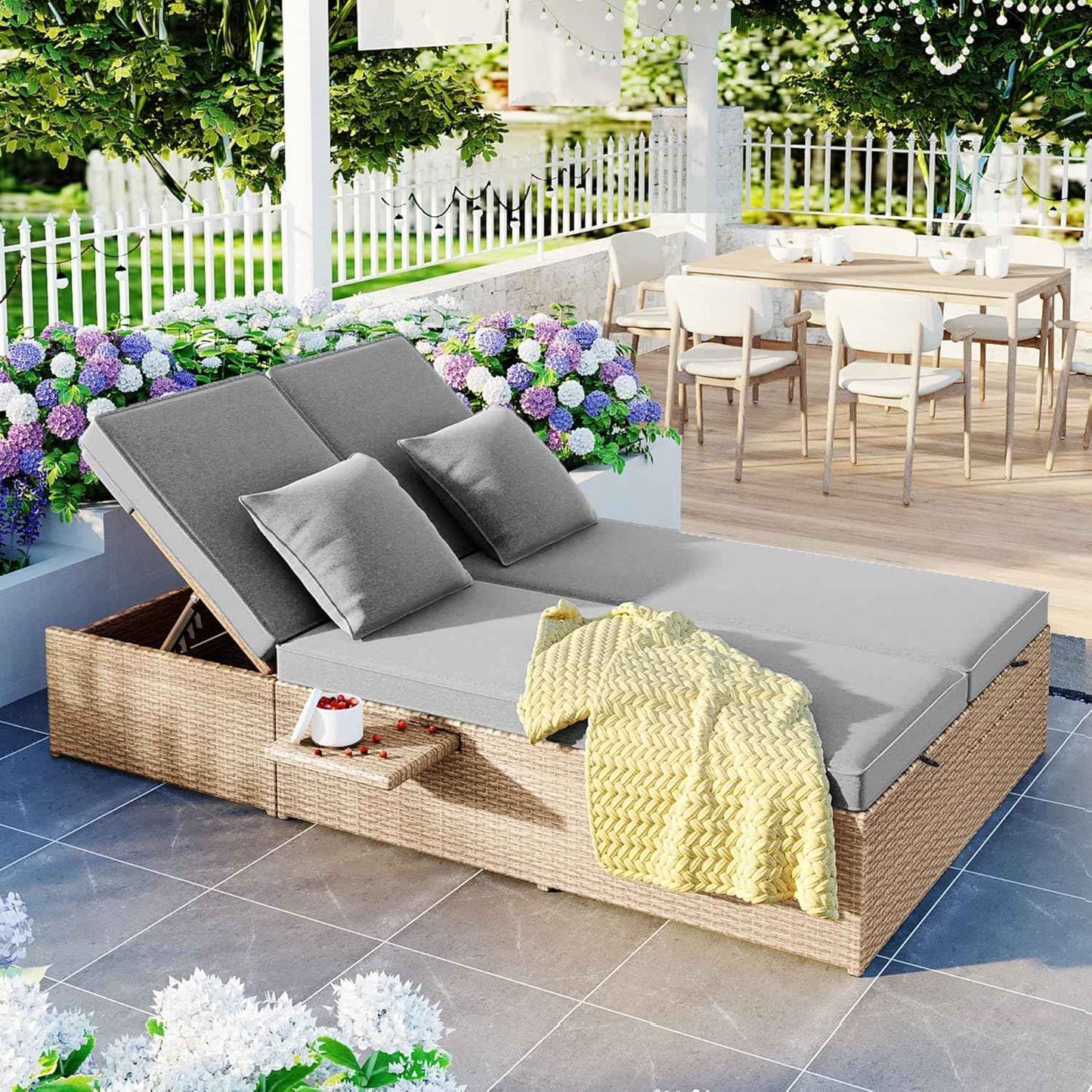 Outdoor Rattan Daybed Patio Wicker Double Sunbed with Adjustable Backrest and Cup Tray, All Weather Patio Reclining Chairs Conversations Set with Thick Cushions and Pillows for 2 Person (Brown-D)