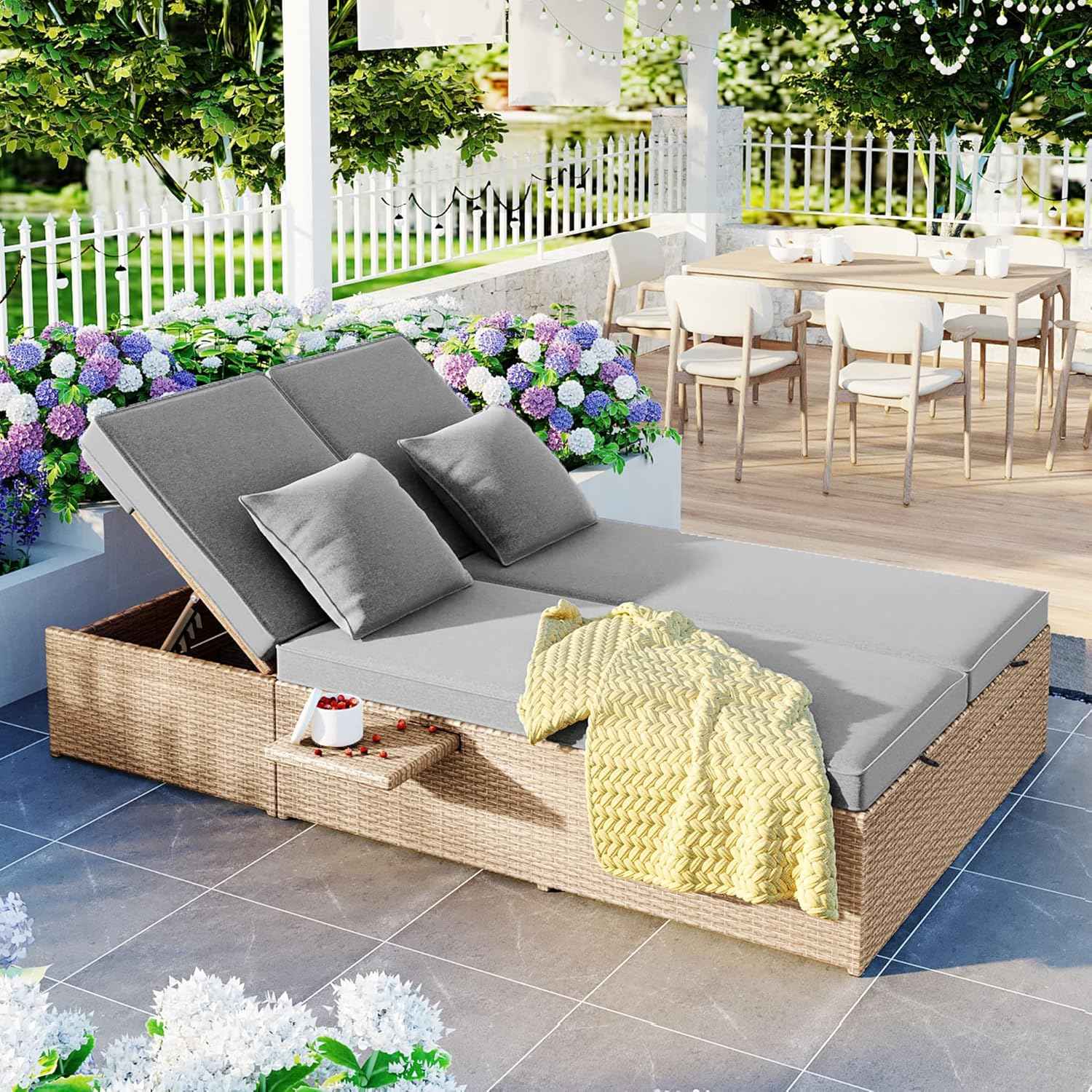 Outdoor Rattan Daybed Patio Wicker Double Sunbed with Adjustable Backrest and Cup Tray, All Weather Patio Reclining Chairs Conversations Set with Thick Cushions and Pillows for 2 Person (Brown-D)