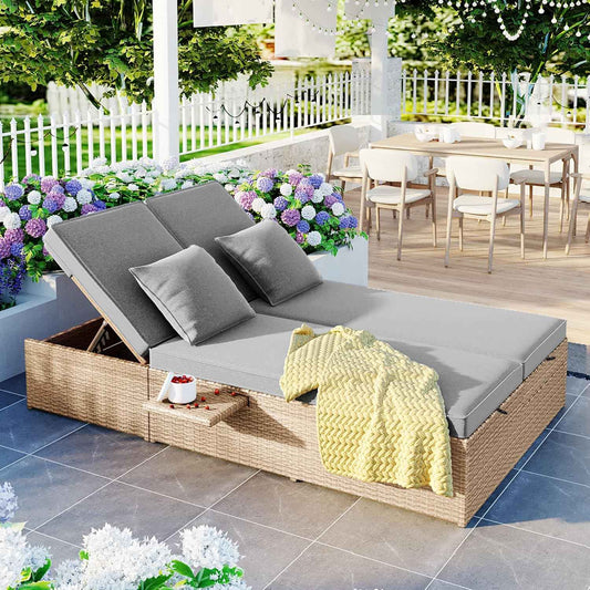 Outdoor Rattan Daybed Patio Wicker Double Sunbed with Adjustable Backrest and Cup Tray, All Weather Patio Reclining Chairs Conversations Set with Thick Cushions and Pillows for 2 Person (Brown-D)