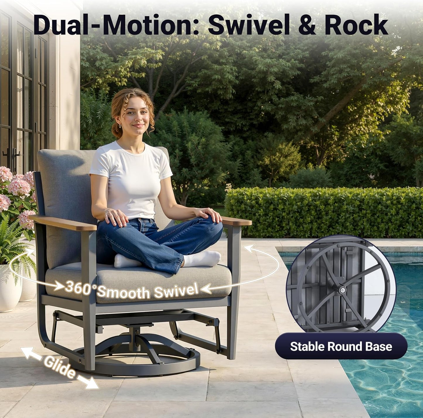 Aluminum Outdoor Patio Furniture Set, 8-Piece Sectional Sofa with 5.1" Thick Cushions, 4 Swivel Rocking Chairs, 55,000 BTU Propane Fire Pit Table, Outdoor Couch for Backyard, Deck, Gray