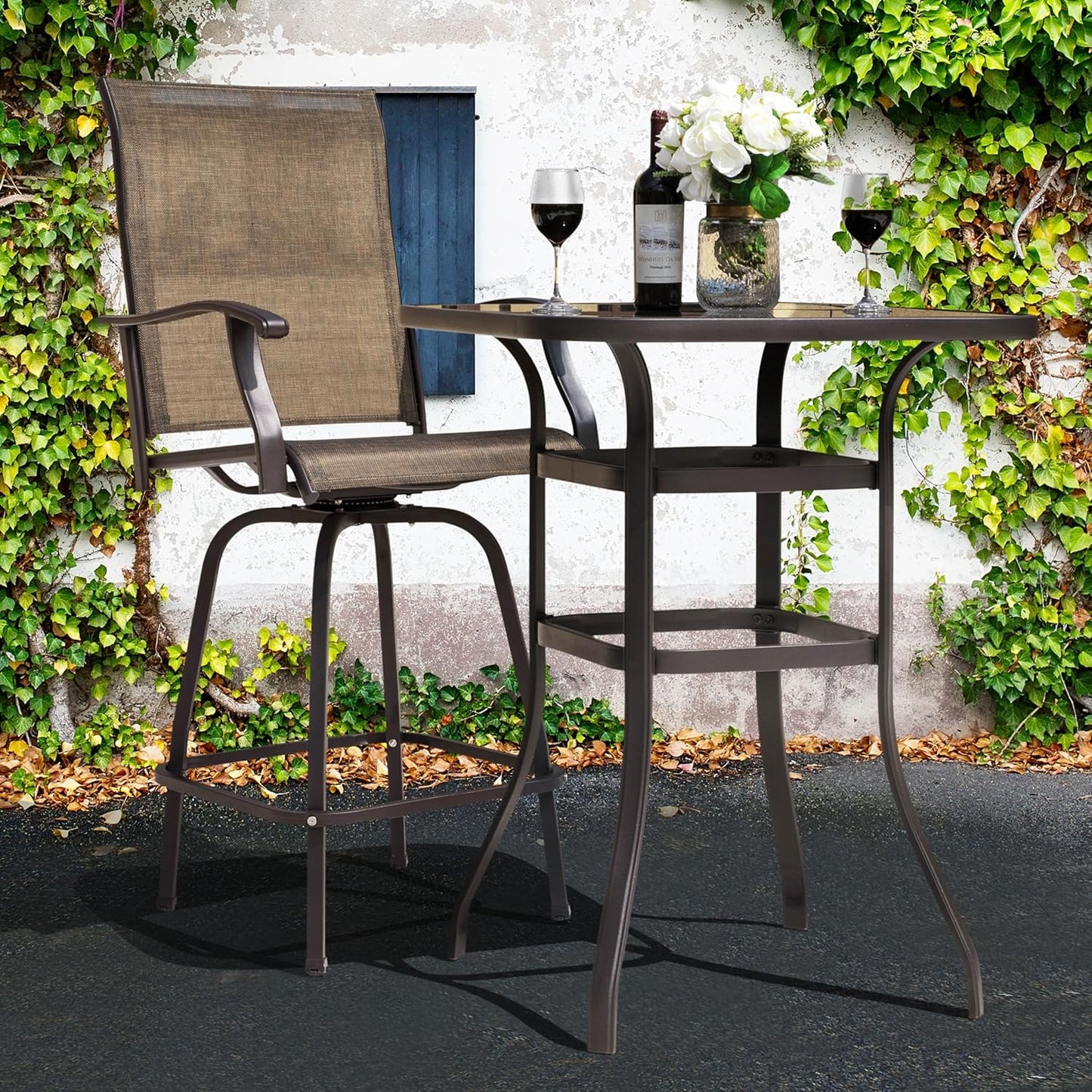NUU GARDEN 5 Piece Patio Bar Set with Square Silk Screen Bar Height Glass Table and 4 Counter Textilene Height Swivel Chairs for Patio, Yard, Outdoor, Black&Brown