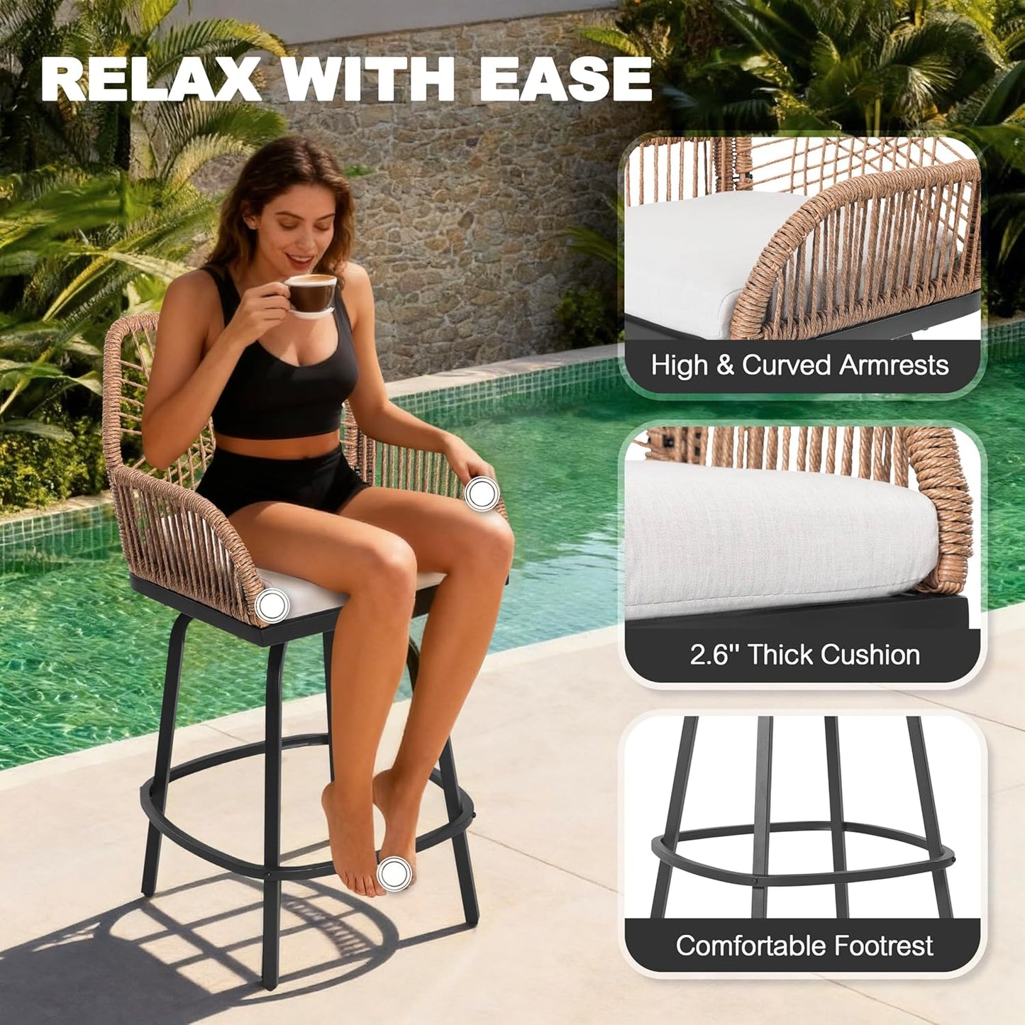 NUU GARDEN 5-Piece Patio Bar Set, All Weather Rattan Swivel Stools, 360 Degree Outdoor Swivel Bar Set for Backyard, Balcony, Garden and Poolside, Black and Beige