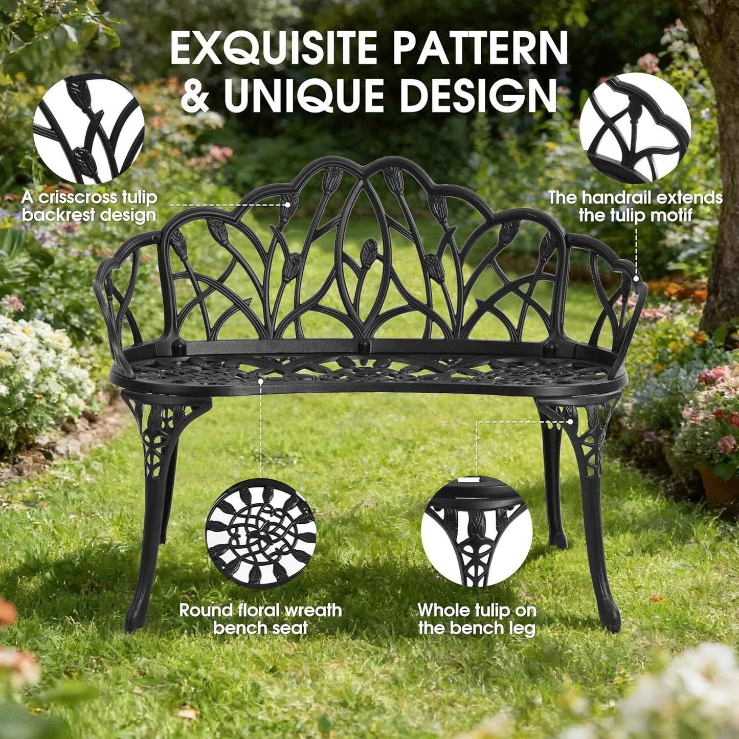 Outdoor Bench with Cushion, Cast Aluminum Double Seating with Backrest and Armrests, Mental Outdoor Furniture for Patio, Porch, Garden, Park, Black Tulip