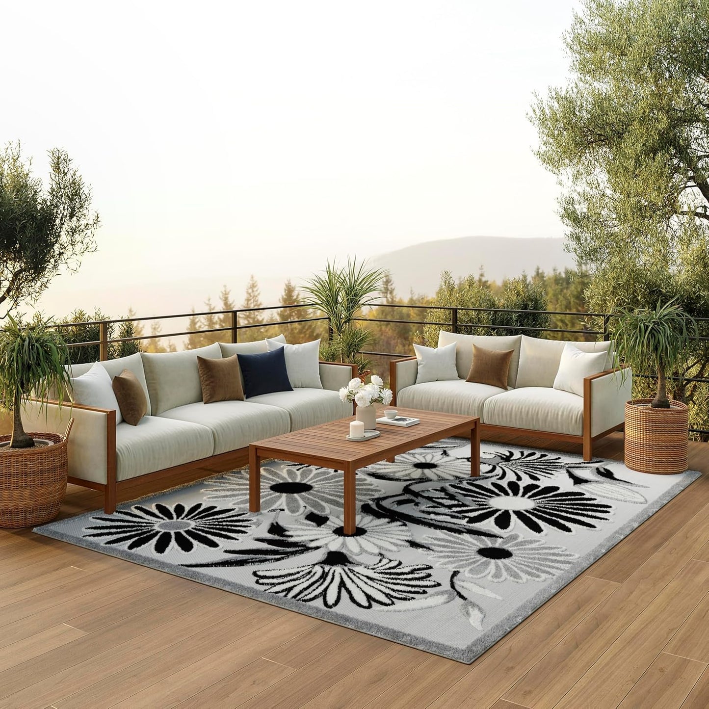 Nourison Home Aloha Indoor/Outdoor Black White 9' x 12' Area Rug, Easy Cleaning, Non Shedding, Bed Room, Living Room, Dining Room, Kitchen (9x12)