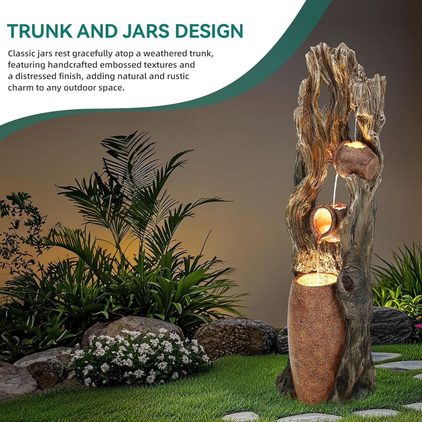 AUTODAYA Tall Outdoor Water Fountain with LED Lights, 42.7" 3-Tier Rainforest Waterfall Tree Trunk and Jar Garden Fountain, Ideal for Serene Relaxing Patio, Yard or Porch