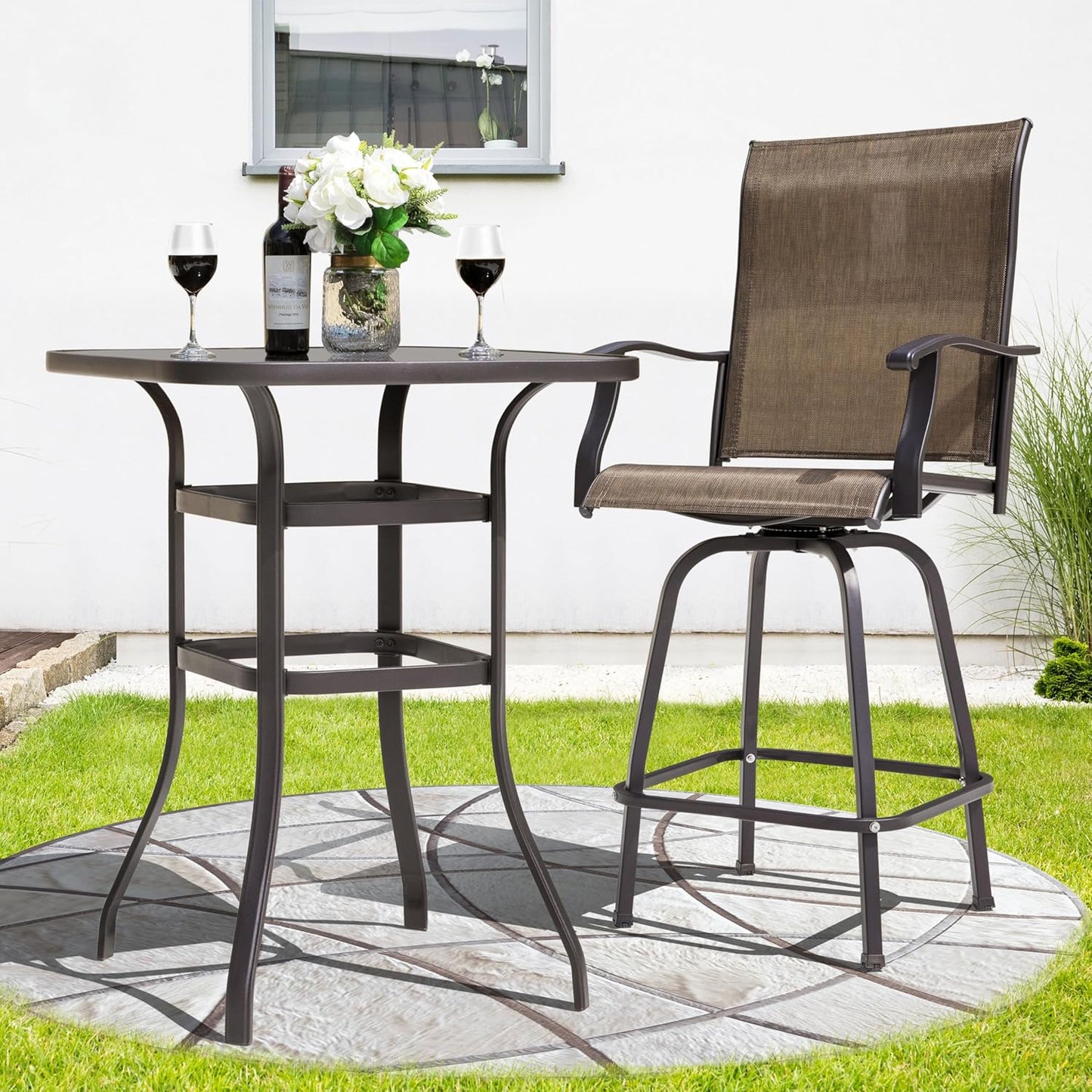NUU GARDEN 5 Piece Patio Bar Set with Square Silk Screen Bar Height Glass Table and 4 Counter Textilene Height Swivel Chairs for Patio, Yard, Outdoor, Black&Brown