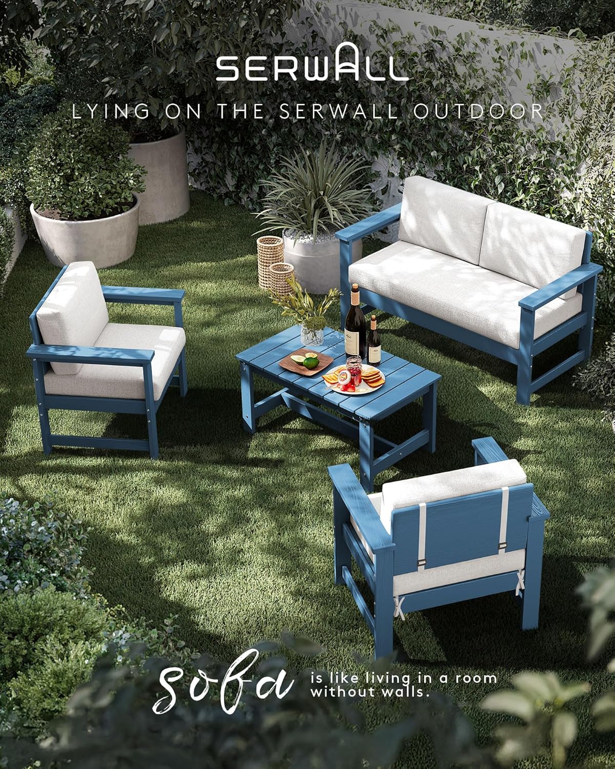 SERWALL 2 Pieces Single Cushioned Lounge Chair, Blue HDPE Outdoor Adirondack Sofa Armchair with Khaki Cushion
