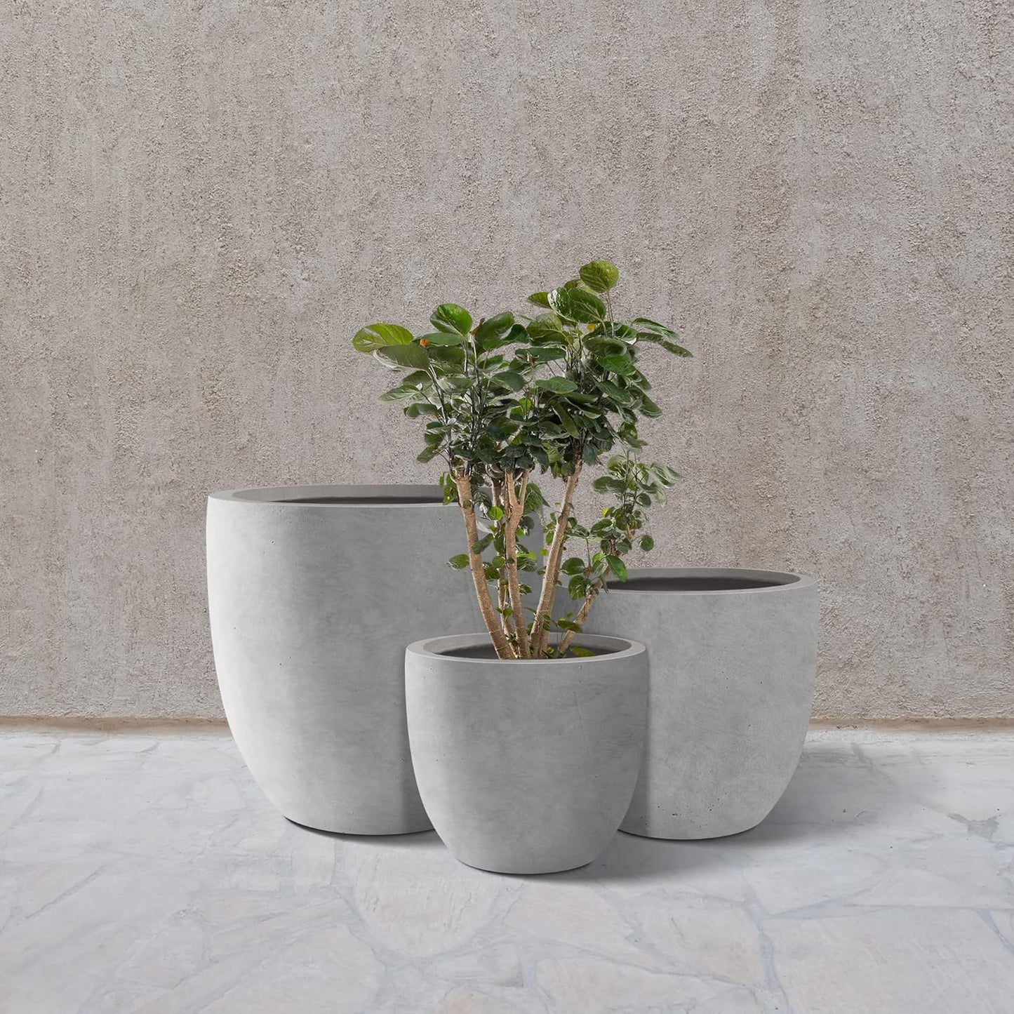 Kante 18",14",10" Dia Concrete Round Planters (Set of 3), Outdoor Indoor Large Planter Pots with Drainage Hole and Rubber Plug for Home Patio Garden, Natural Concrete