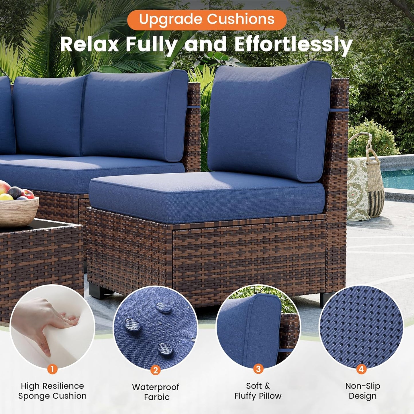 UDPATIO Patio Furniture Set with Fire Pit Table, 8 Inch Armrest Outdoor Sectional Sofa, 7 Piece Wicker Outdoor Furniture Conversation Sets with Waterproof Cover for Backyard Deck(Brown/Navy Blue)